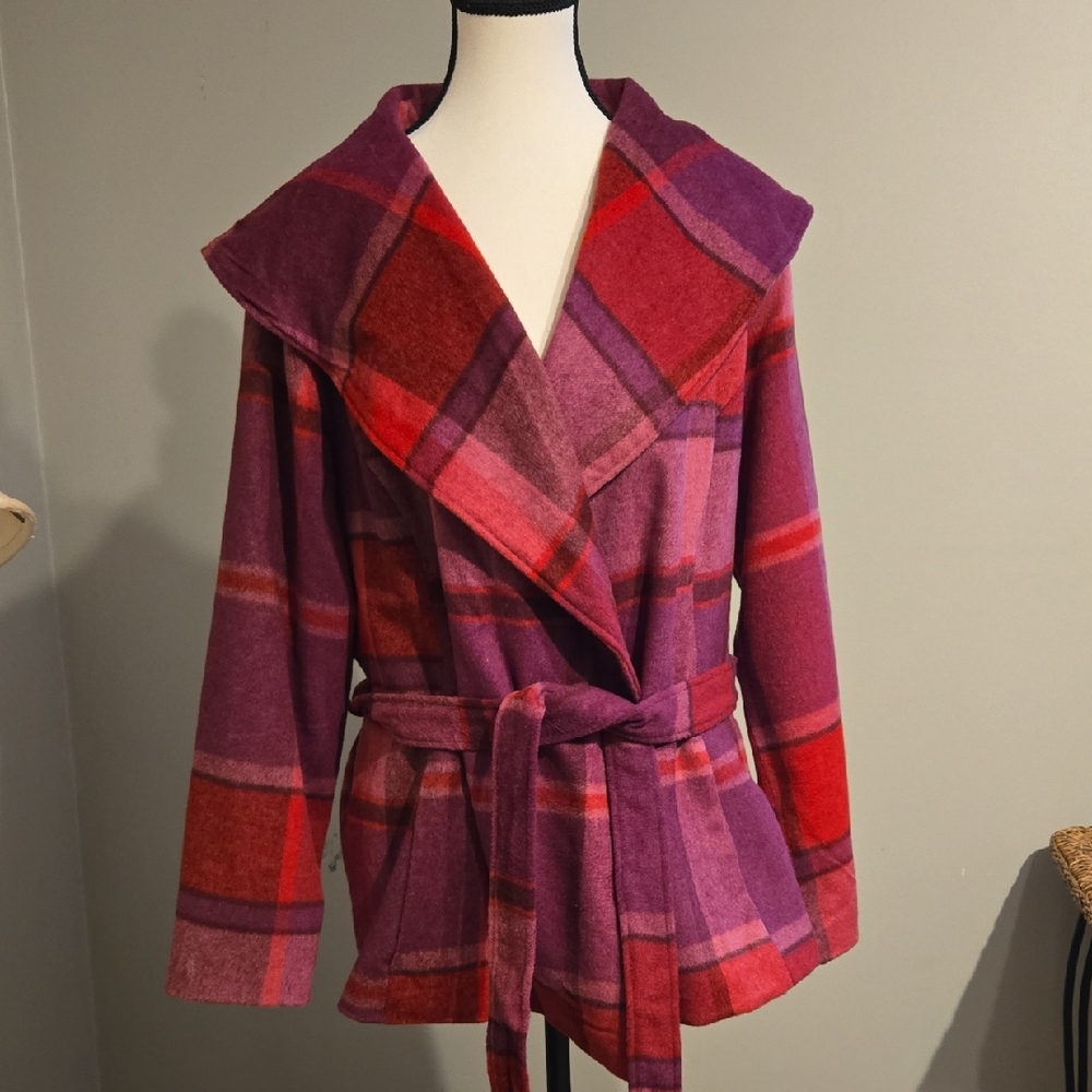 Colleen Lopez Vibrant Red and Purple Wrap Jacket With Pockets Size L NWOT